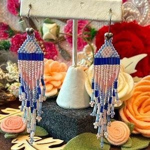 Vintage Pink & Blue Native American Beaded Chandelier Earrings